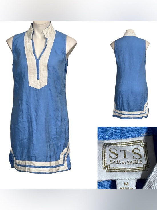 Sail to Sable Dresses & Skirts - STS Sail to Sable dress sz M Blue linen Sleeveless Shift White Trim casual